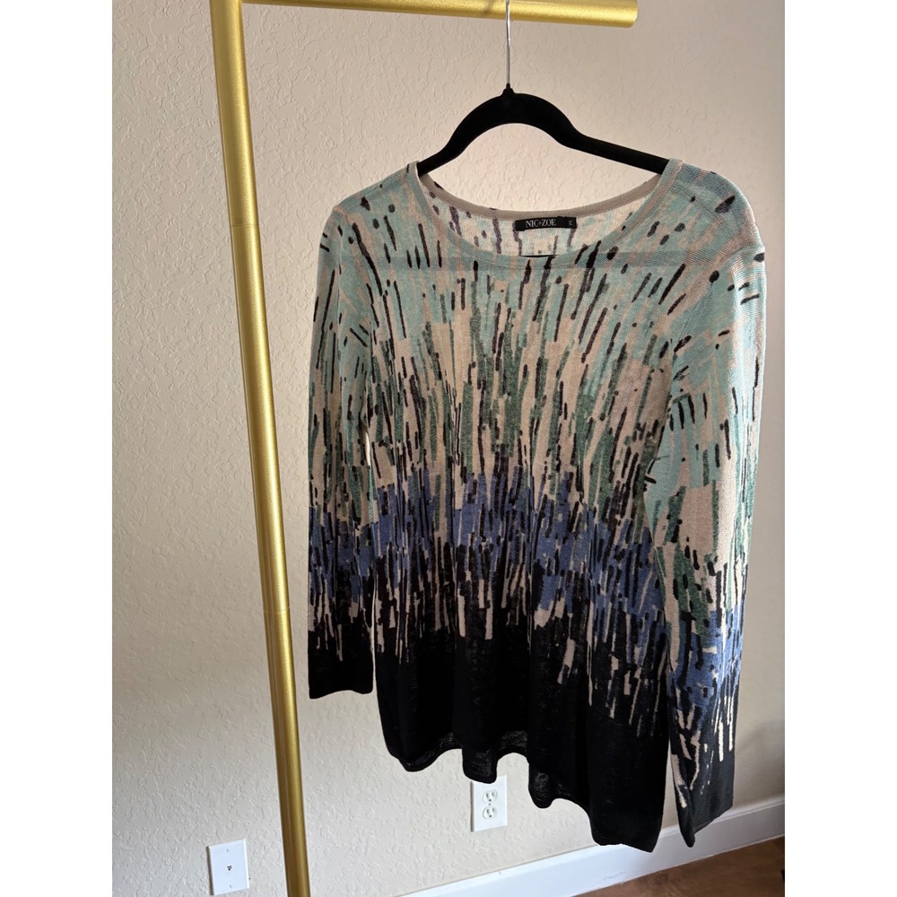 Nic+Zoe Sweater Petite Small Linen Blend Abstract Art Resortwear Vacation